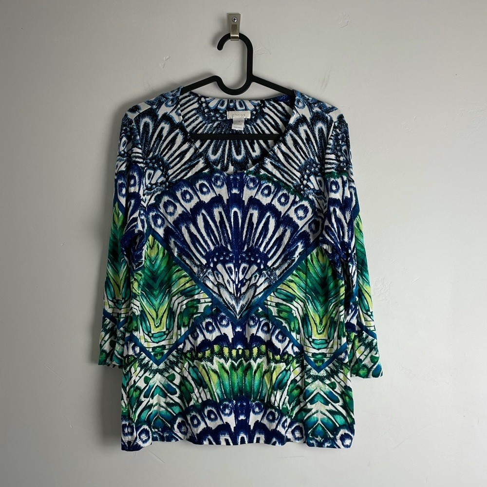 Chico’s Peacock Print Top Sz 1